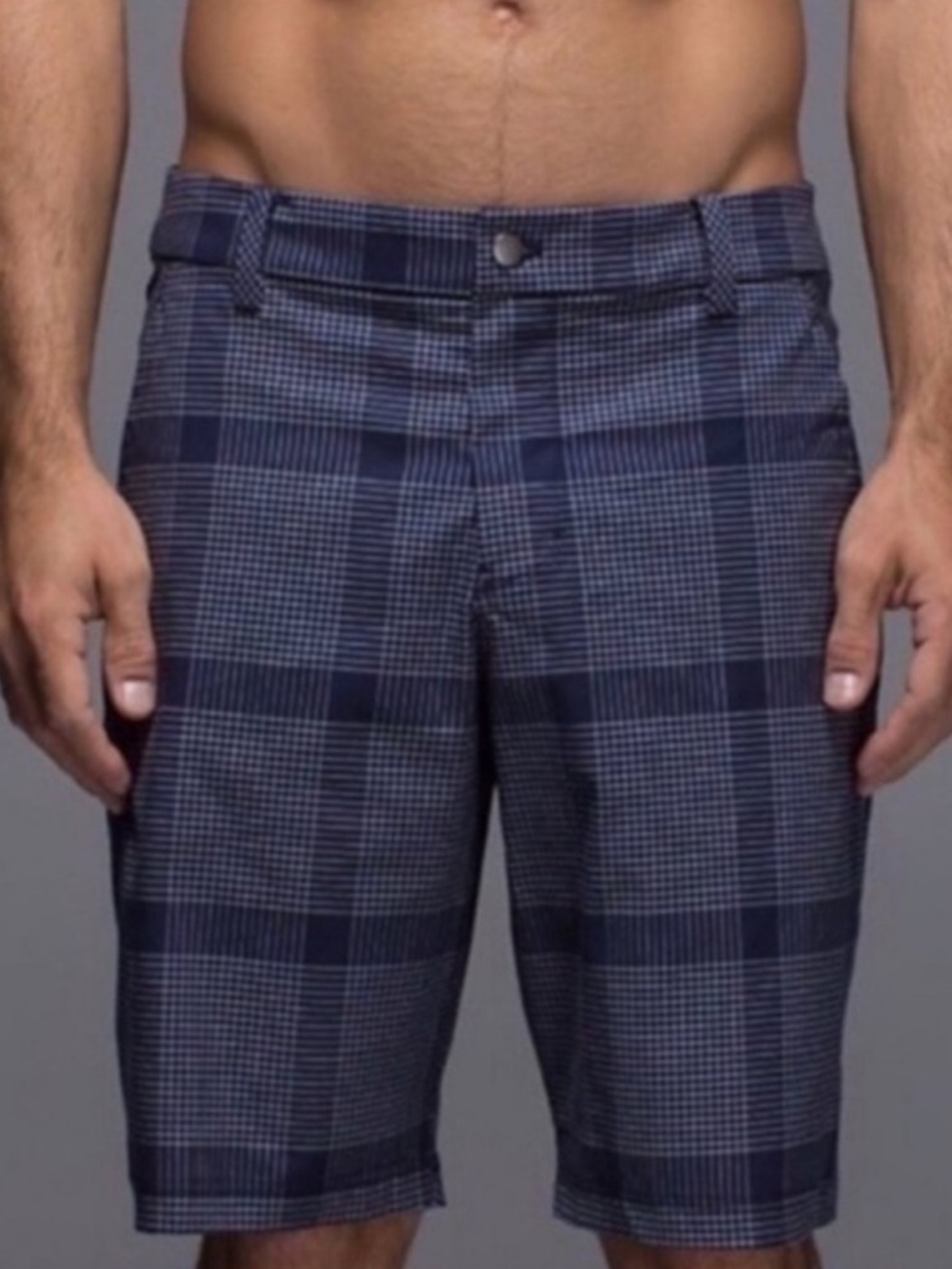 Lululemon Kahuna Golf Shorts Blue Plaid Flat Front Mens 36